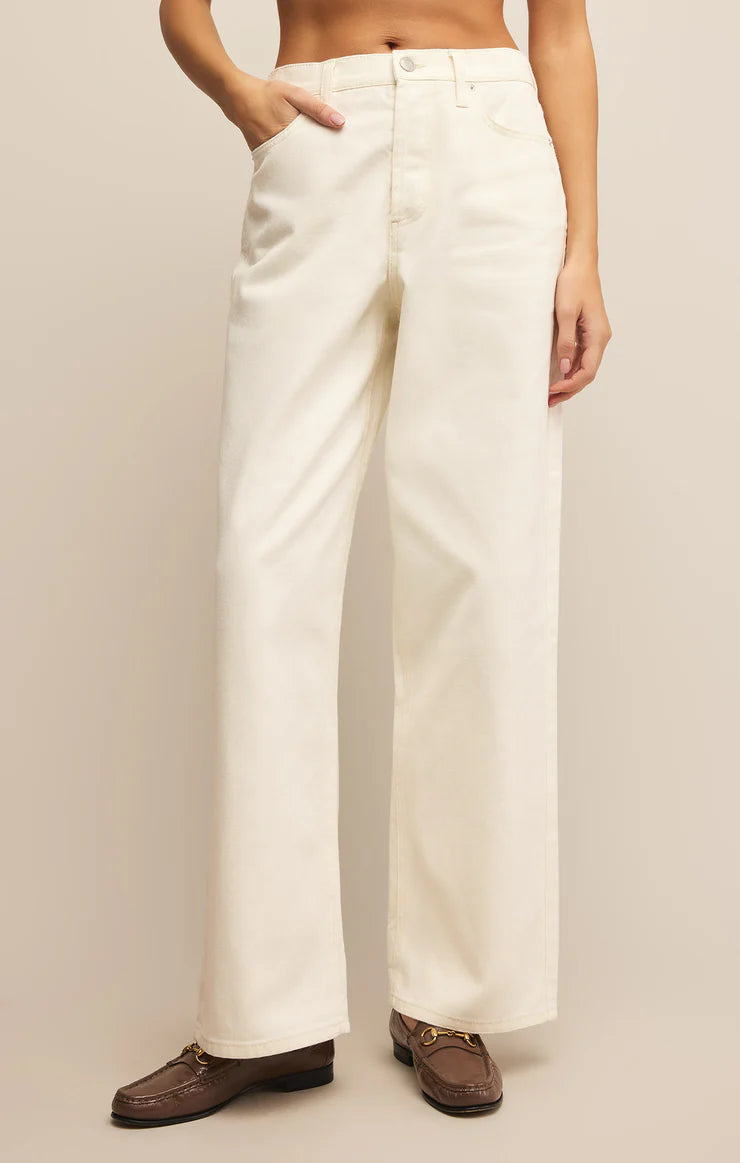 Z Supply Lou Denim Pant, featuring a relaxed fit, high-rise waist, soft stretch denim fabric, and casual straight-leg silhouette, Off White