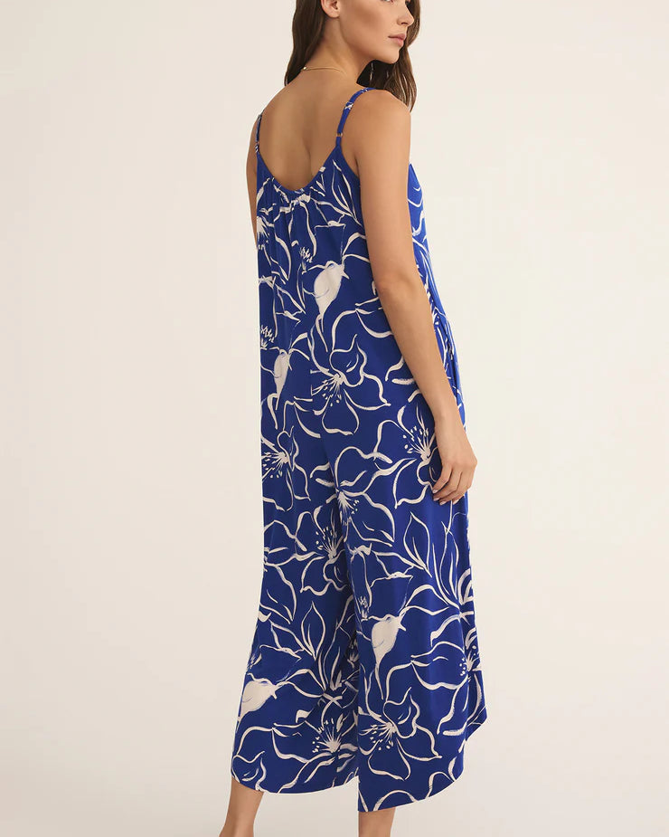 Z Supply Toluca Cala Jumpsuit with scoop neck, adjustable straps, cropped flared legs, side pockets, and soft rayon-spandex jersey, Oceanside