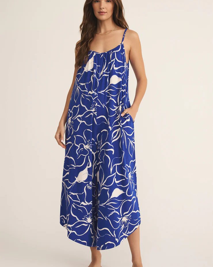 Z Supply Toluca Cala Jumpsuit with scoop neck, adjustable straps, cropped flared legs, side pockets, and soft rayon-spandex jersey, Oceanside