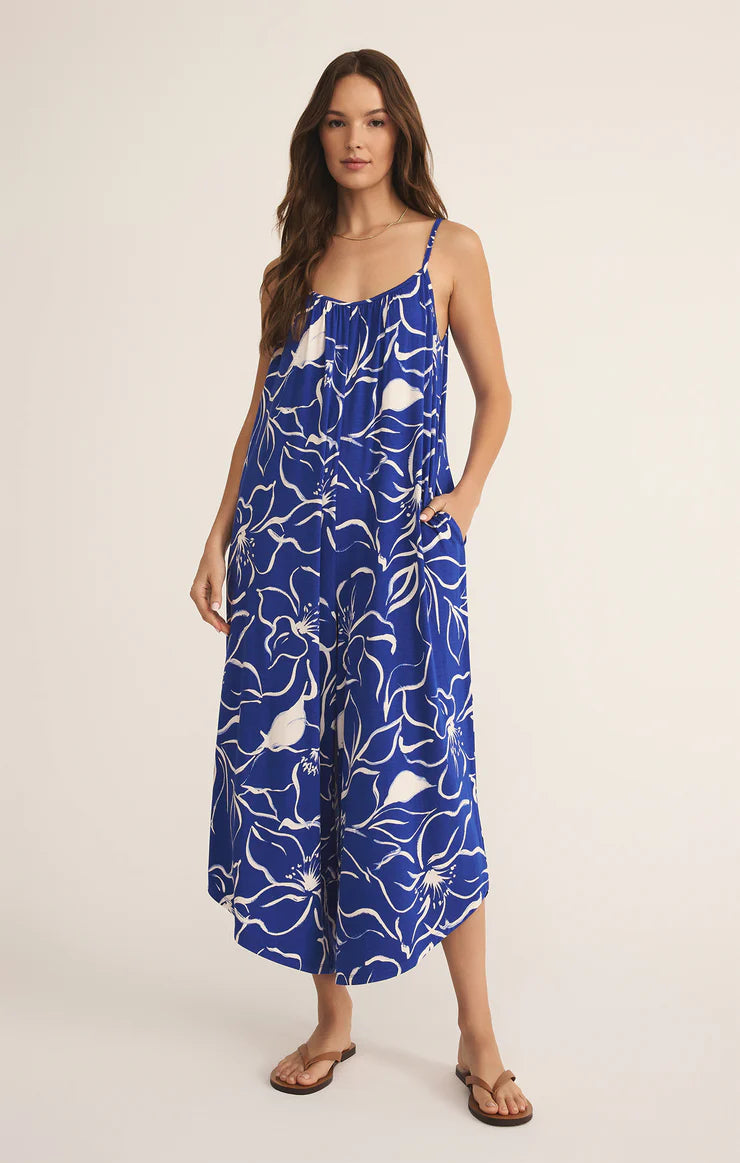 Z Supply Toluca Cala Jumpsuit with scoop neck, adjustable straps, cropped flared legs, side pockets, and soft rayon-spandex jersey, Oceanside