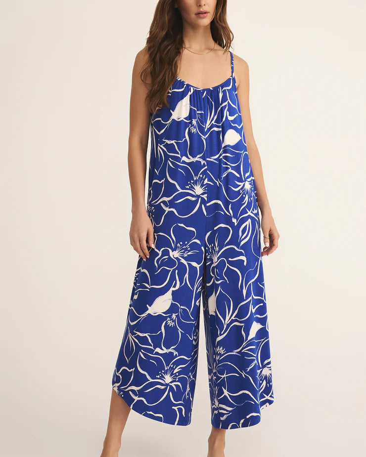 Z Supply Toluca Cala Jumpsuit with scoop neck, adjustable straps, cropped flared legs, side pockets, and soft rayon-spandex jersey, Oceanside
