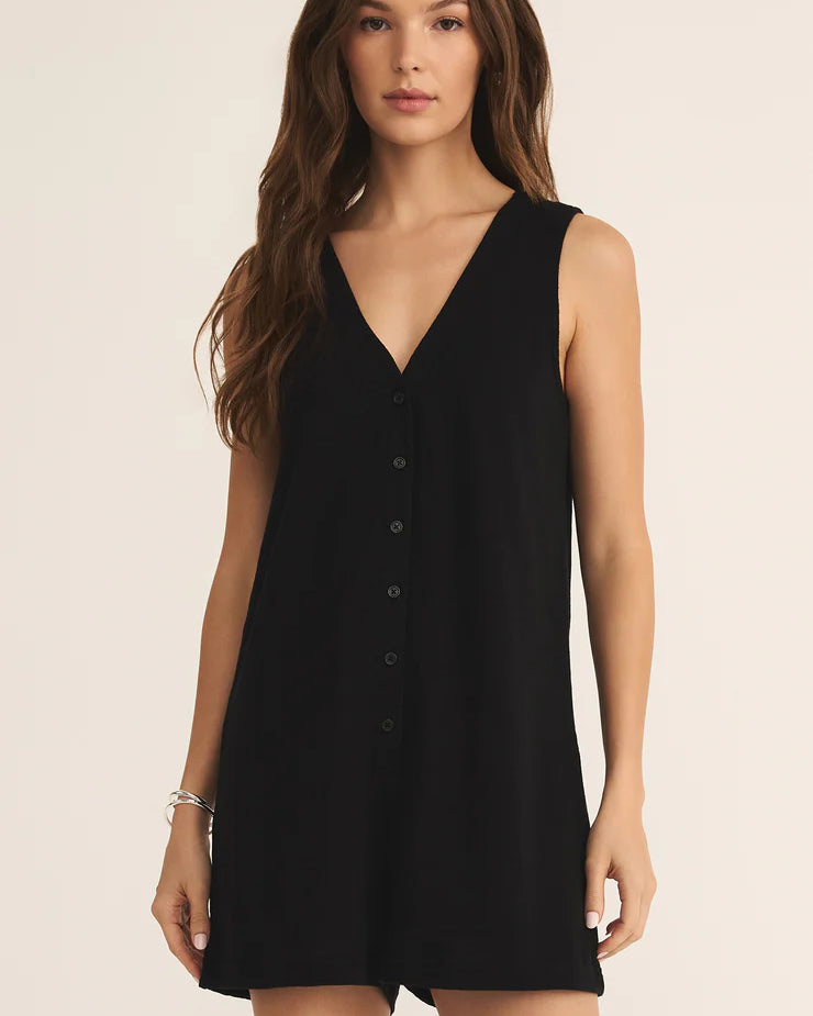 Z Supply Solace Textured Romper for women, made from soft textured knit with a relaxed fit, sleeveless cut, and flattering V-neckline — perfect for casual summer wear or lounging, Black