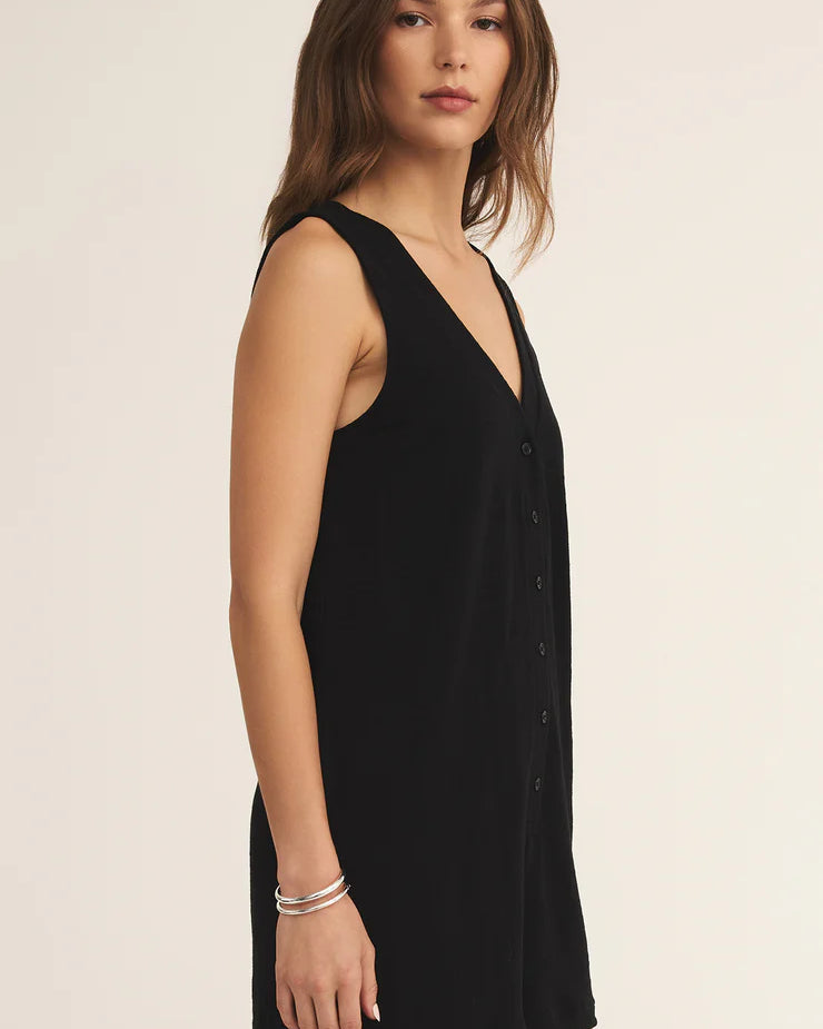 Z Supply Solace Textured Romper for women, made from soft textured knit with a relaxed fit, sleeveless cut, and flattering V-neckline — perfect for casual summer wear or lounging, Black