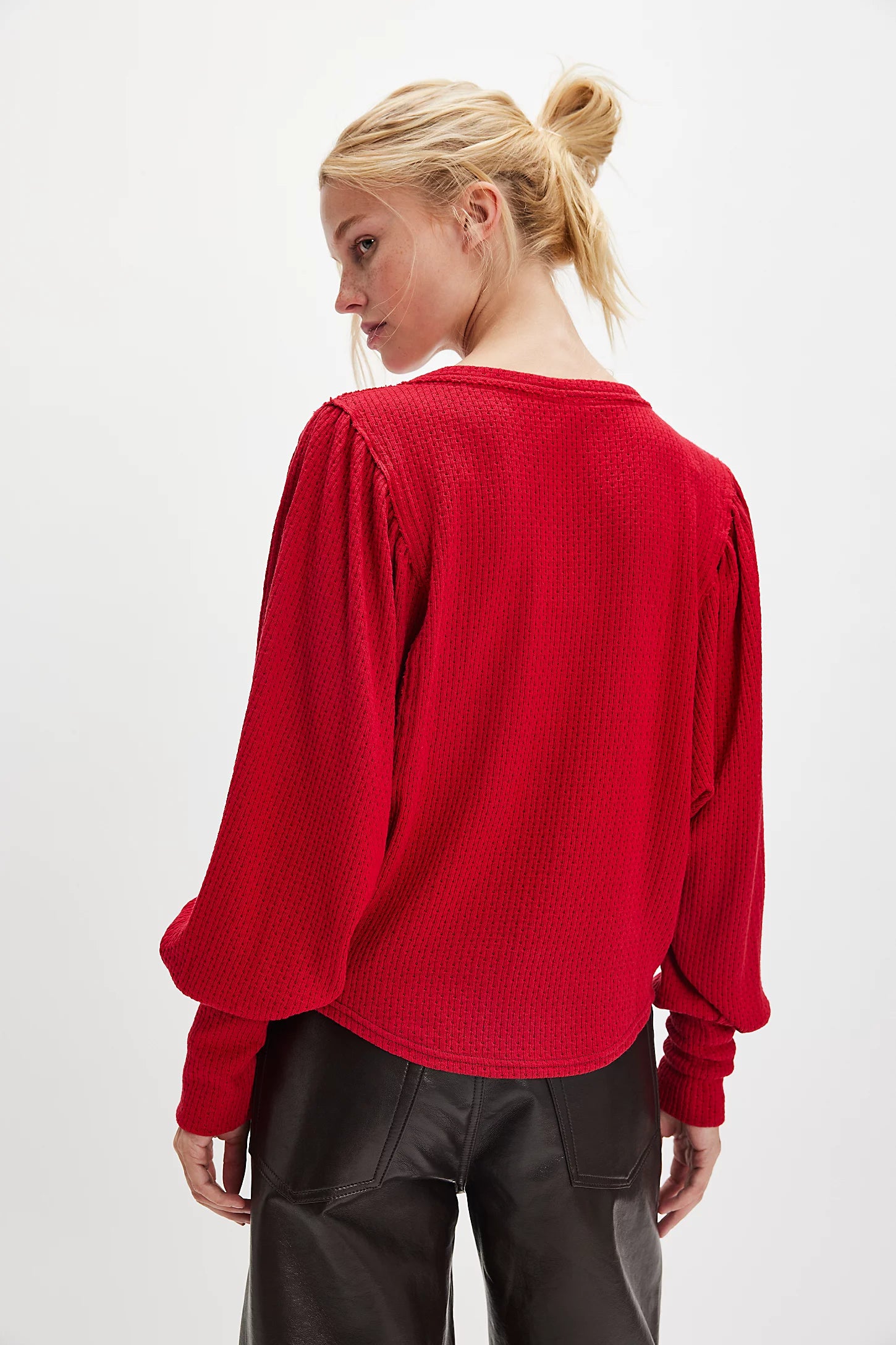 We The Free Quinn Knit Top — oversized thermal henley with voluminous balloon sleeves and cotton-blend knit texture, Salsa