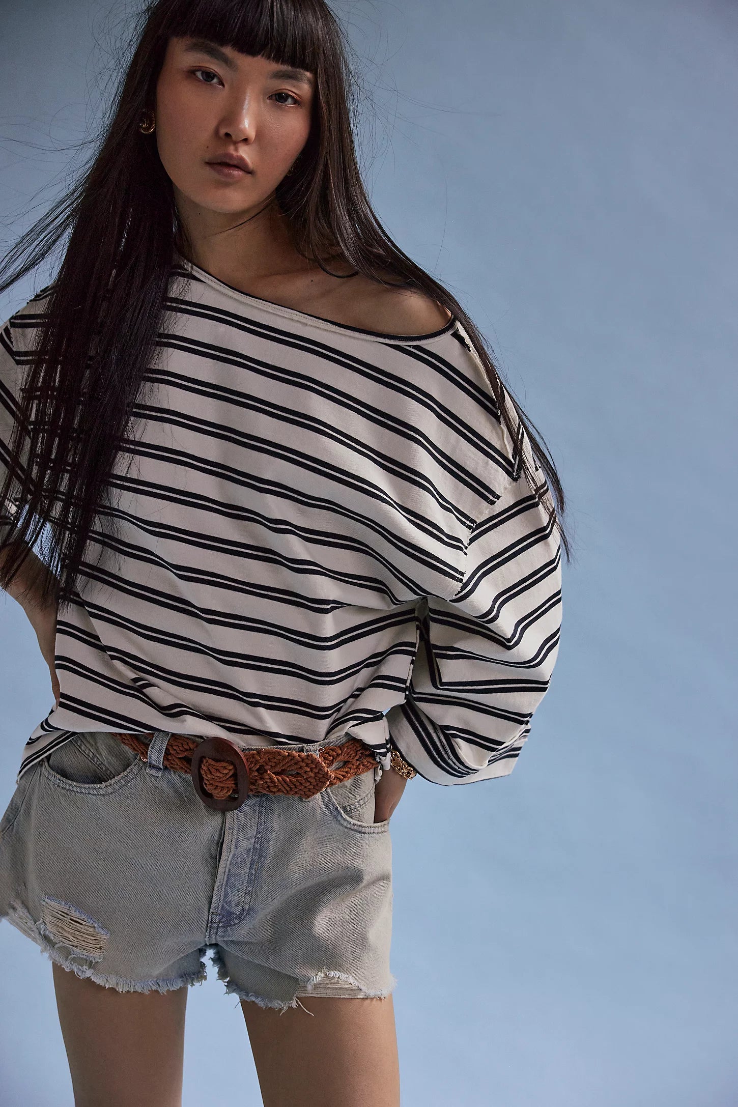 Free People C'est La Vie Tee with wide ¾ sleeves and a boat neckline, offering a relaxed, elevated look, Black Combo
