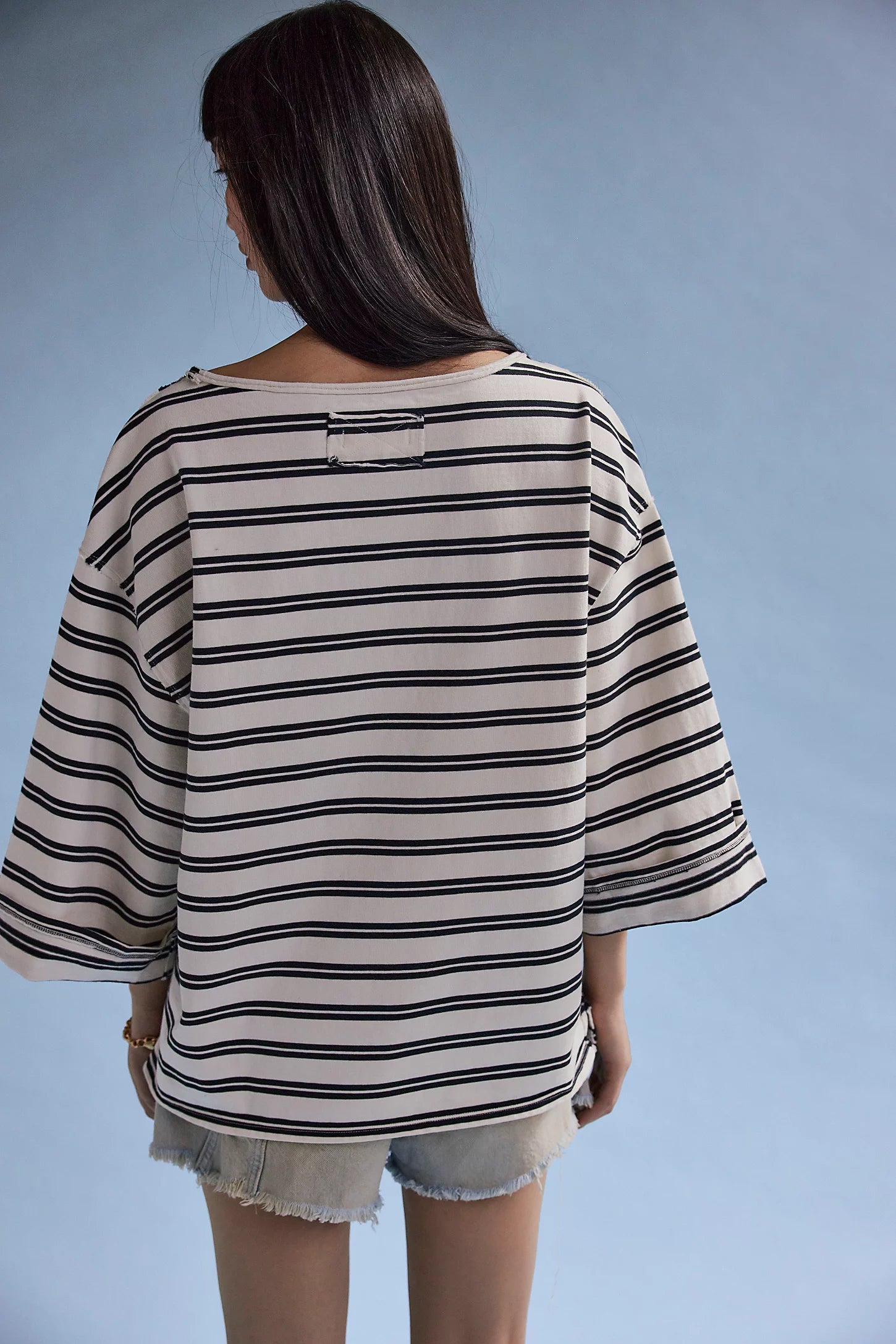 Free People C'est La Vie Tee with wide ¾ sleeves and a boat neckline, offering a relaxed, elevated look, Black Combo