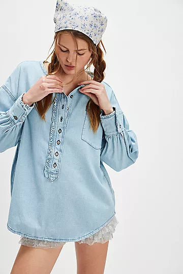 Free People Denim Dreaming Pullover – a lightweight, denim-style pullover top with a relaxed fit and casual vibe, So Soft Light Wash