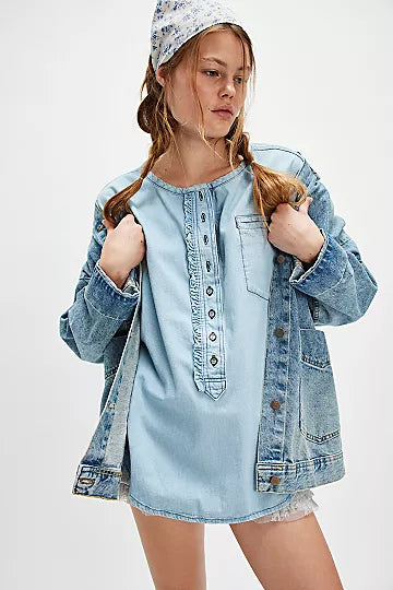 Free People Denim Dreaming Pullover – a lightweight, denim-style pullover top with a relaxed fit and casual vibe, So Soft Light Wash