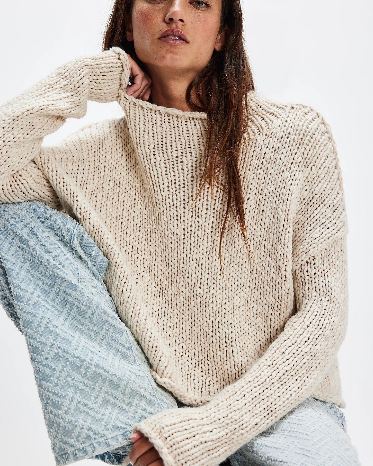 Free People Opal Rollneck Knit Sweater — cozy oversized women’s pullover with chunky texture and rolled neckline, Tea