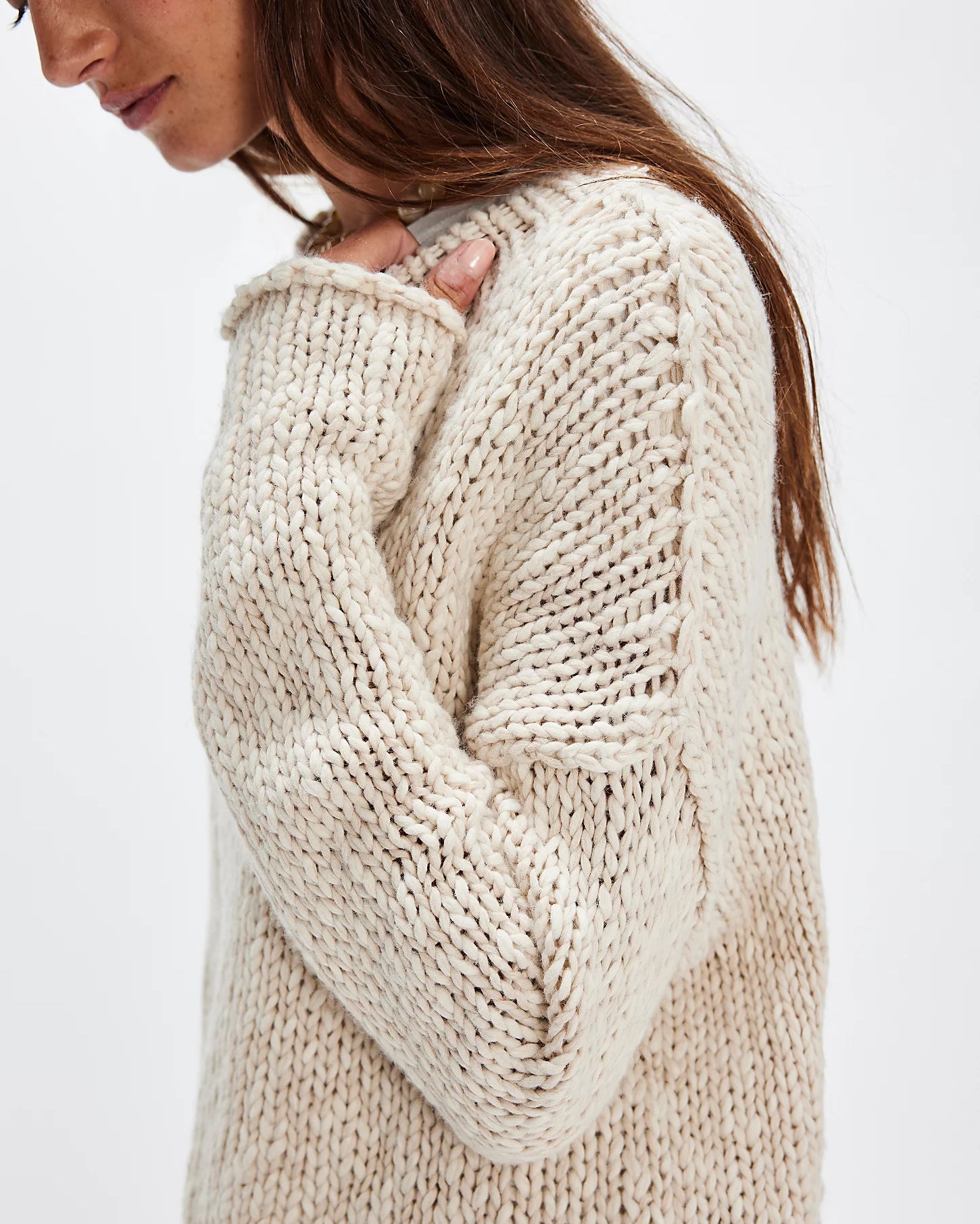 Free People Opal Rollneck Knit Sweater — cozy oversized women’s pullover with chunky texture and rolled neckline, Tea