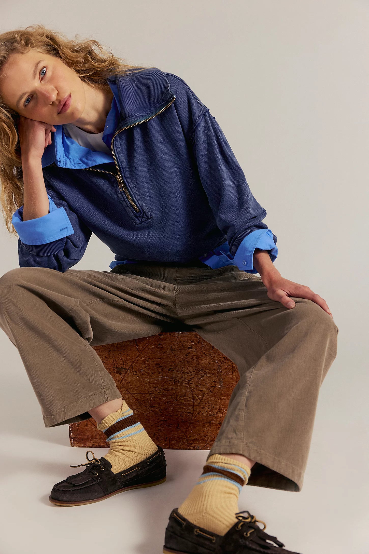 Free People Nice Choice Cord Jeans featuring a mid-rise, slouchy boyfriend fit in soft corduroy for a relaxed, effortless style, Fossil Dune