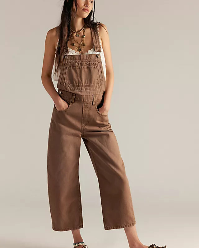 Free People Deep Trance Overalls in relaxed fit with wide-leg silhouette, boho-inspired design, and adjustable straps, Brown Sugar