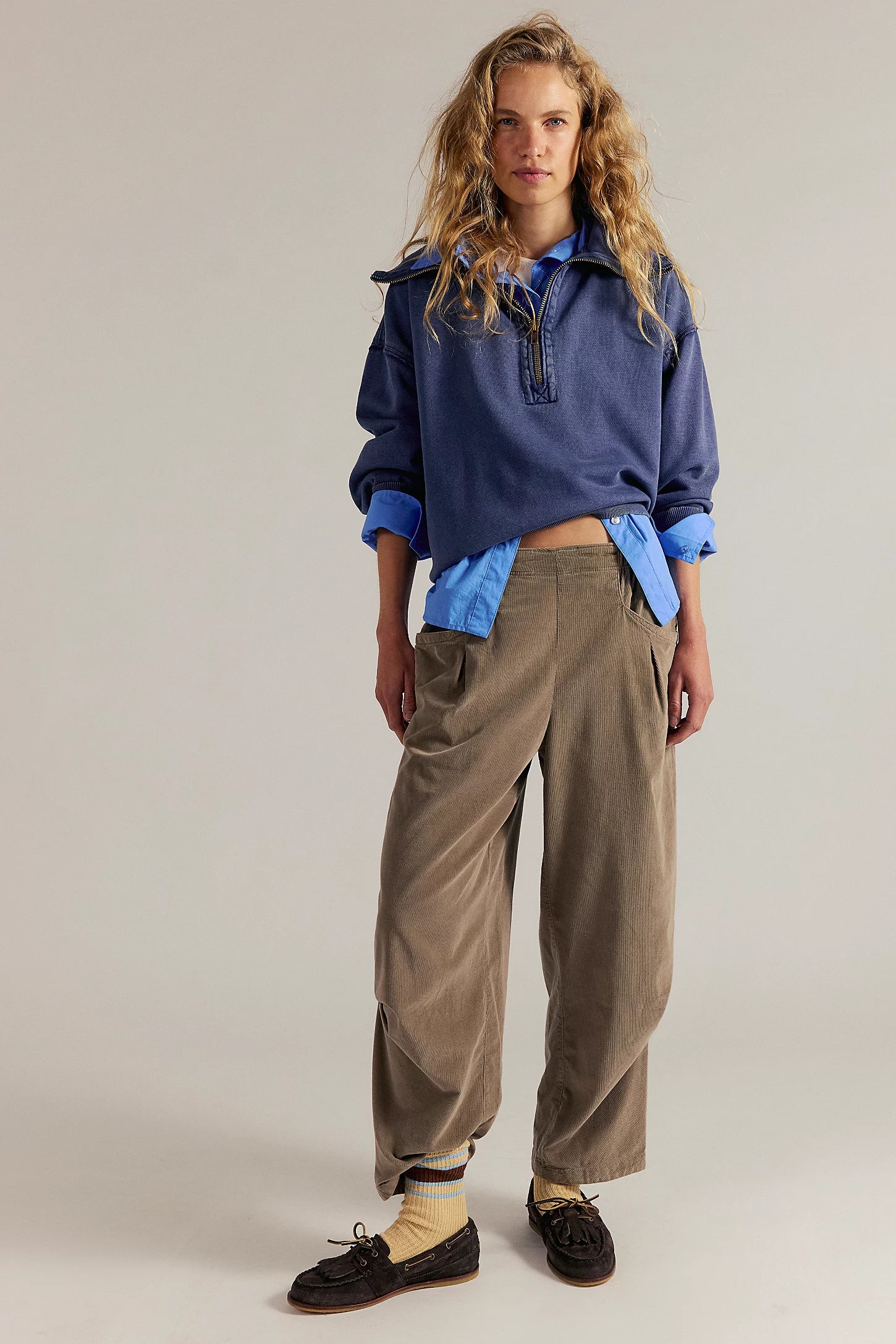 Free People Nice Choice Cord Jeans featuring a mid-rise, slouchy boyfriend fit in soft corduroy for a relaxed, effortless style, Fossil Dune