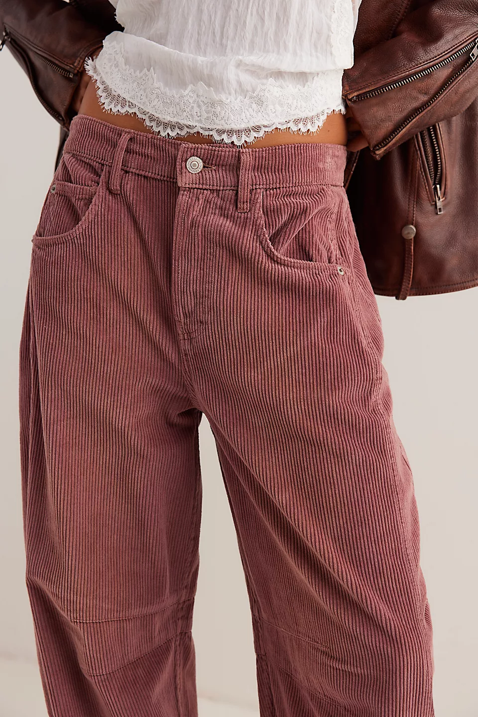 Free People Good Luck Cord Barrel Jeans made from soft corduroy fabric with a relaxed, loose fit and wide-leg silhouette. These jeans offer a comfortable, vintage-inspired look with a laid-back style, Withered Rose