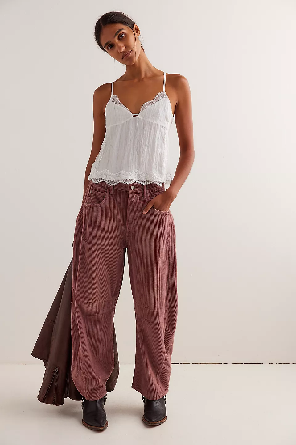 Free People Good Luck Cord Barrel Jeans made from soft corduroy fabric with a relaxed, loose fit and wide-leg silhouette. These jeans offer a comfortable, vintage-inspired look with a laid-back style, Withered Rose