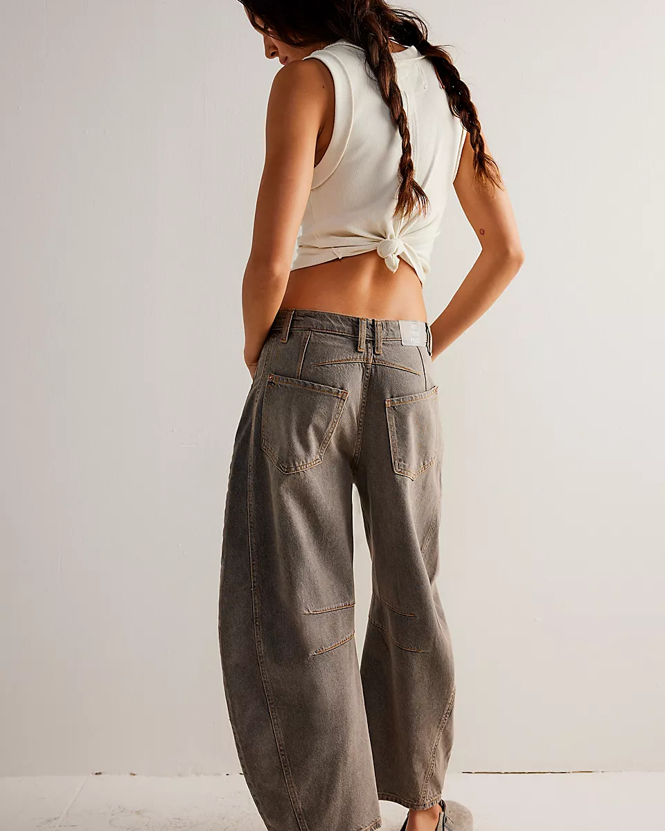 Free People Good Luck Mid-Rise Barrel Jeans with a relaxed fit, tapered legs, and cuffed hems for a casual, laid-back look, Archive Grey