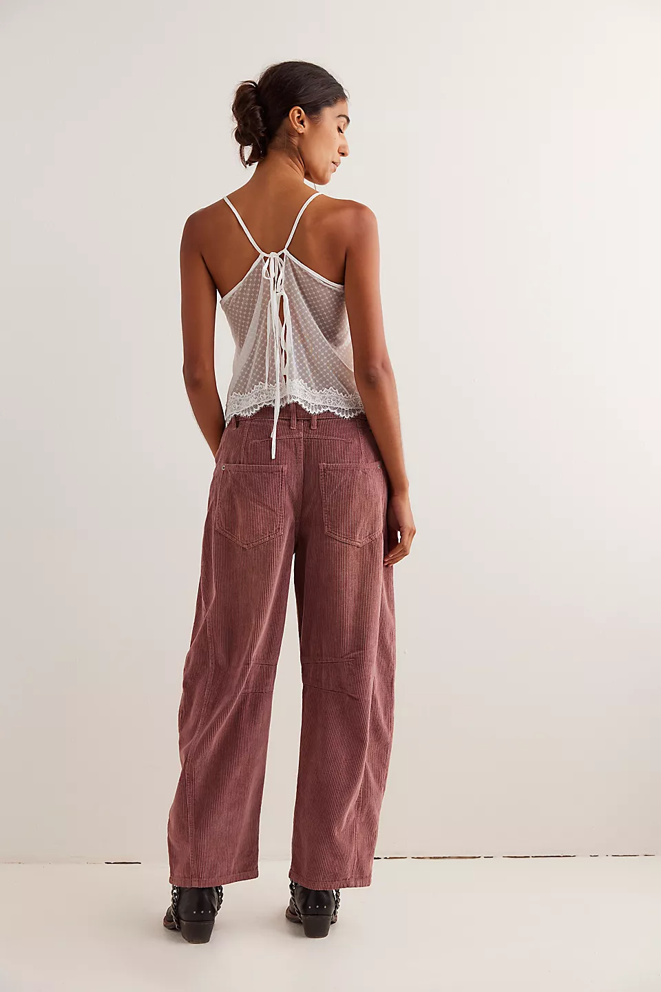 Free People Good Luck Cord Barrel Jeans made from soft corduroy fabric with a relaxed, loose fit and wide-leg silhouette. These jeans offer a comfortable, vintage-inspired look with a laid-back style, Withered Rose