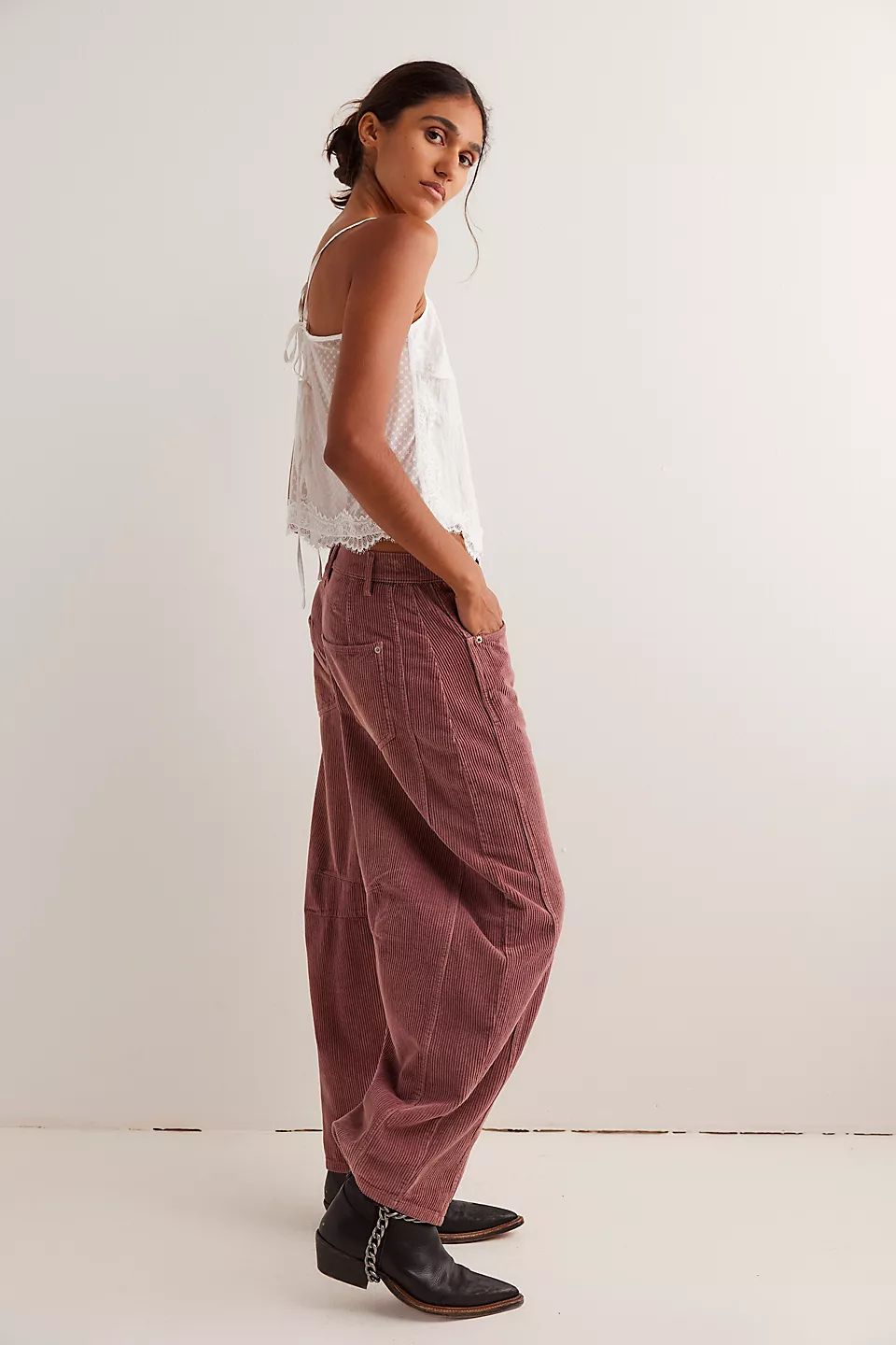 Free People Good Luck Cord Barrel Jeans made from soft corduroy fabric with a relaxed, loose fit and wide-leg silhouette. These jeans offer a comfortable, vintage-inspired look with a laid-back style, Withered Rose