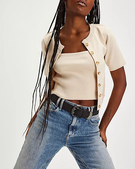 We The Free NY Twosie Set – A chic two-piece set featuring a fitted, cropped square-neck tank top and a short-sleeve cardi with a crew neckline, ribbed trim, and tort button-front closure, Ecru