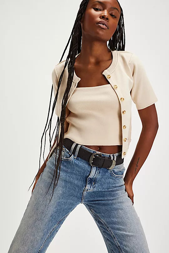 We The Free NY Twosie Set – A chic two-piece set featuring a fitted, cropped square-neck tank top and a short-sleeve cardi with a crew neckline, ribbed trim, and tort button-front closure, Ecru