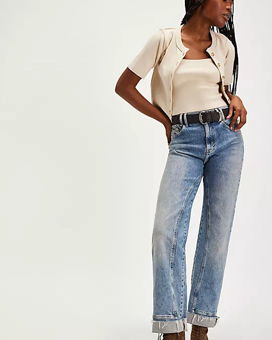 We The Free NY Twosie Set – A chic two-piece set featuring a fitted, cropped square-neck tank top and a short-sleeve cardi with a crew neckline, ribbed trim, and tort button-front closure, Ecru