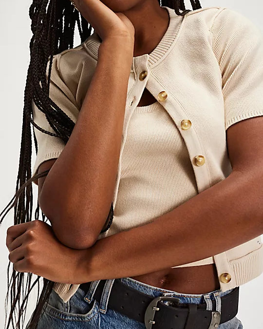We The Free NY Twosie Set – A chic two-piece set featuring a fitted, cropped square-neck tank top and a short-sleeve cardi with a crew neckline, ribbed trim, and tort button-front closure, Ecru