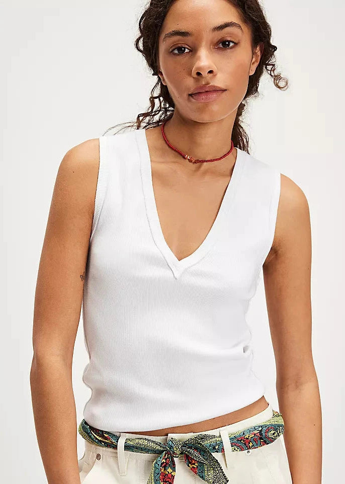 We The Free Neria Tank, featuring a slim fit, V-neckline, raised seaming, and dropped armholes, White