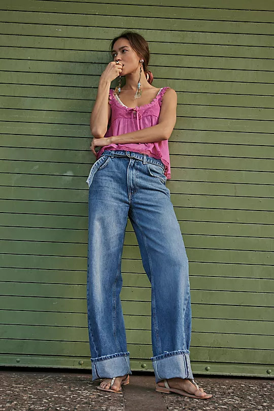 Free People East Bay Cuffed Jeans – high-rise, relaxed-fit jeans with a cuffed hem and five-pocket styling, Spunky