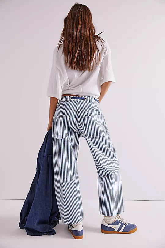 We The Free Moxie Railroad Low-Slung Jeans – Relaxed-fit, low-rise jeans with a vintage-inspired railroad stripe pattern, featuring a slightly tapered leg for a cool, casual look, Dark Slate