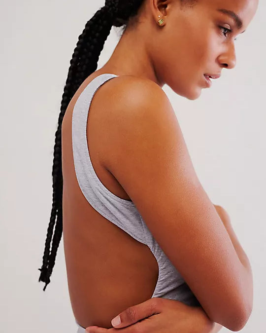 Free People Wear It Out Backless Cami with a crew neckline, fitted style, and open back design, Heather Grey