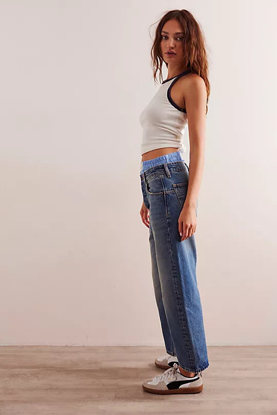 We The Free Deep Trance Dropped Boyfriend Jeans with a relaxed, oversized fit, distressed detailing, and a slightly tapered leg, From Beyond