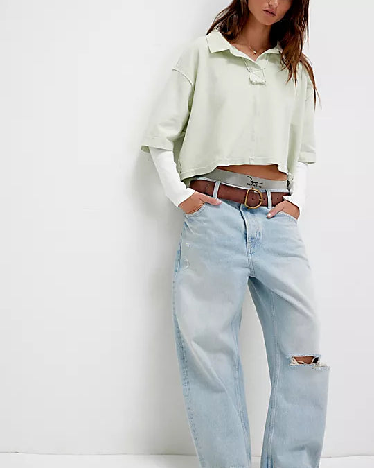 We The Free Deep Trance Dropped Boyfriend Jeans – Relaxed, slouchy jeans with a dropped waist, distressed detailing, and cuffed hems, offering a laid-back, casual look, Bleached Out