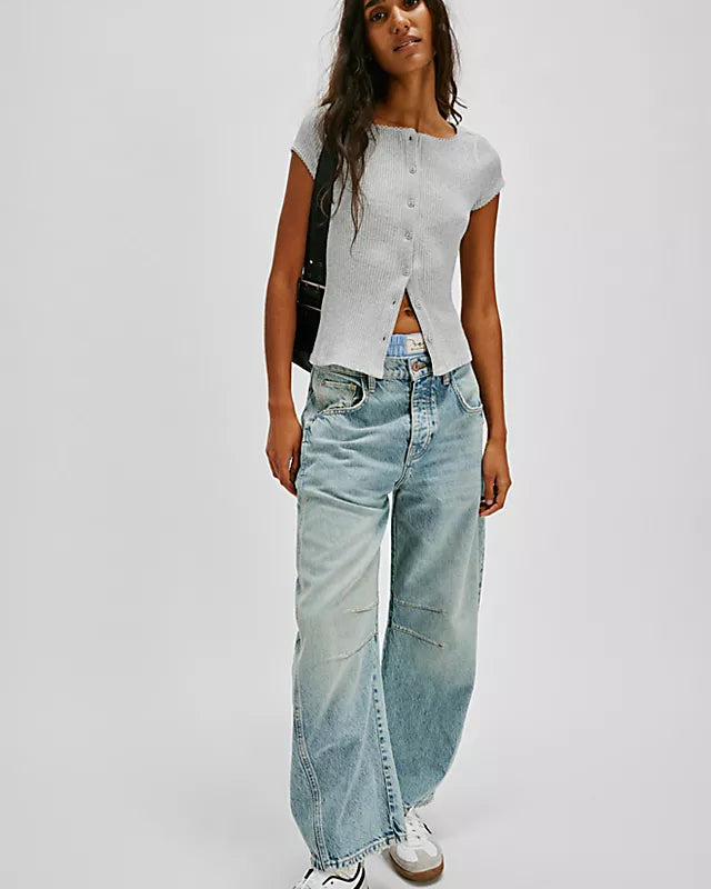 Free People Most Wanted Cardi with a form-fitting ribbed fabric, short capped sleeves, and buttons down the front, Light Heather