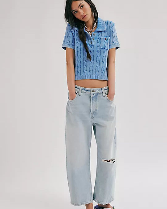 We The Free Deep Trance Dropped Boyfriend Jeans – Relaxed, slouchy jeans with a dropped waist, distressed detailing, and cuffed hems, offering a laid-back, casual look, Bleached Out