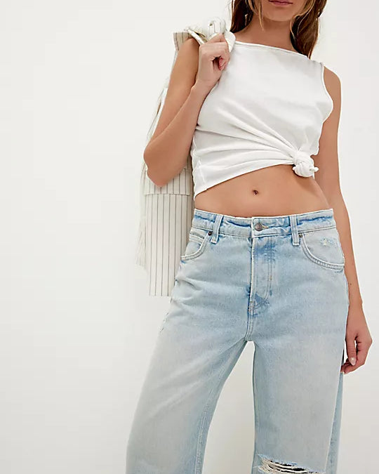 We The Free Deep Trance Dropped Boyfriend Jeans – Relaxed, slouchy jeans with a dropped waist, distressed detailing, and cuffed hems, offering a laid-back, casual look, Bleached Out