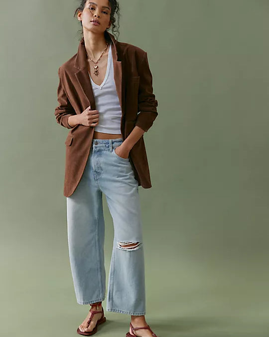 We The Free Deep Trance Dropped Boyfriend Jeans – Relaxed, slouchy jeans with a dropped waist, distressed detailing, and cuffed hems, offering a laid-back, casual look, Bleached Out