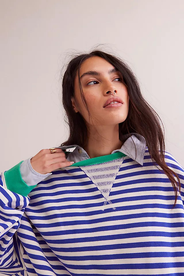 Free People classic striped crew sweater featuring horizontal stripes. The classic crewneck design offers a relaxed and comfortable fit, perfect for a laid-back, stylish look, Sand Dollar combo.
