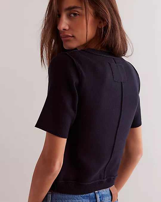 We The Free NY Twosie Set – A chic two-piece set featuring a fitted, cropped square-neck tank top and a short-sleeve cardi with a crew neckline, ribbed trim, and tort button-front closure, Black