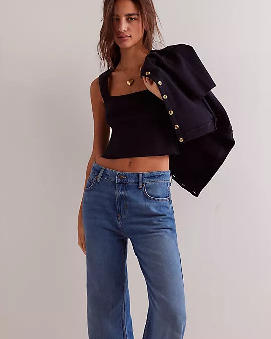 We The Free NY Twosie Set – A chic two-piece set featuring a fitted, cropped square-neck tank top and a short-sleeve cardi with a crew neckline, ribbed trim, and tort button-front closure, Black
