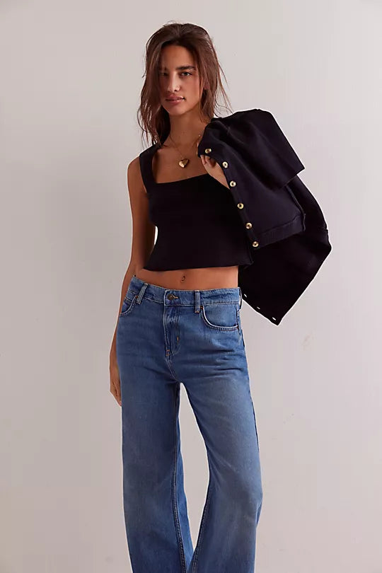 We The Free NY Twosie Set – A chic two-piece set featuring a fitted, cropped square-neck tank top and a short-sleeve cardi with a crew neckline, ribbed trim, and tort button-front closure, Black