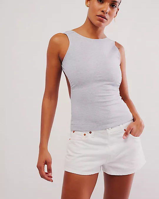 Free People Wear It Out Backless Cami with a crew neckline, fitted style, and open back design, Heather Grey