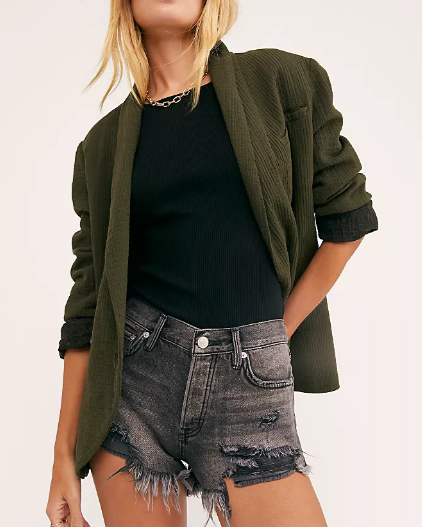 Free People Loving Good Vibrations Cutoffs – High-waisted denim shorts with a frayed hem and a relaxed fit, offering a vintage-inspired, casual look for warm weather, Sulphor Black