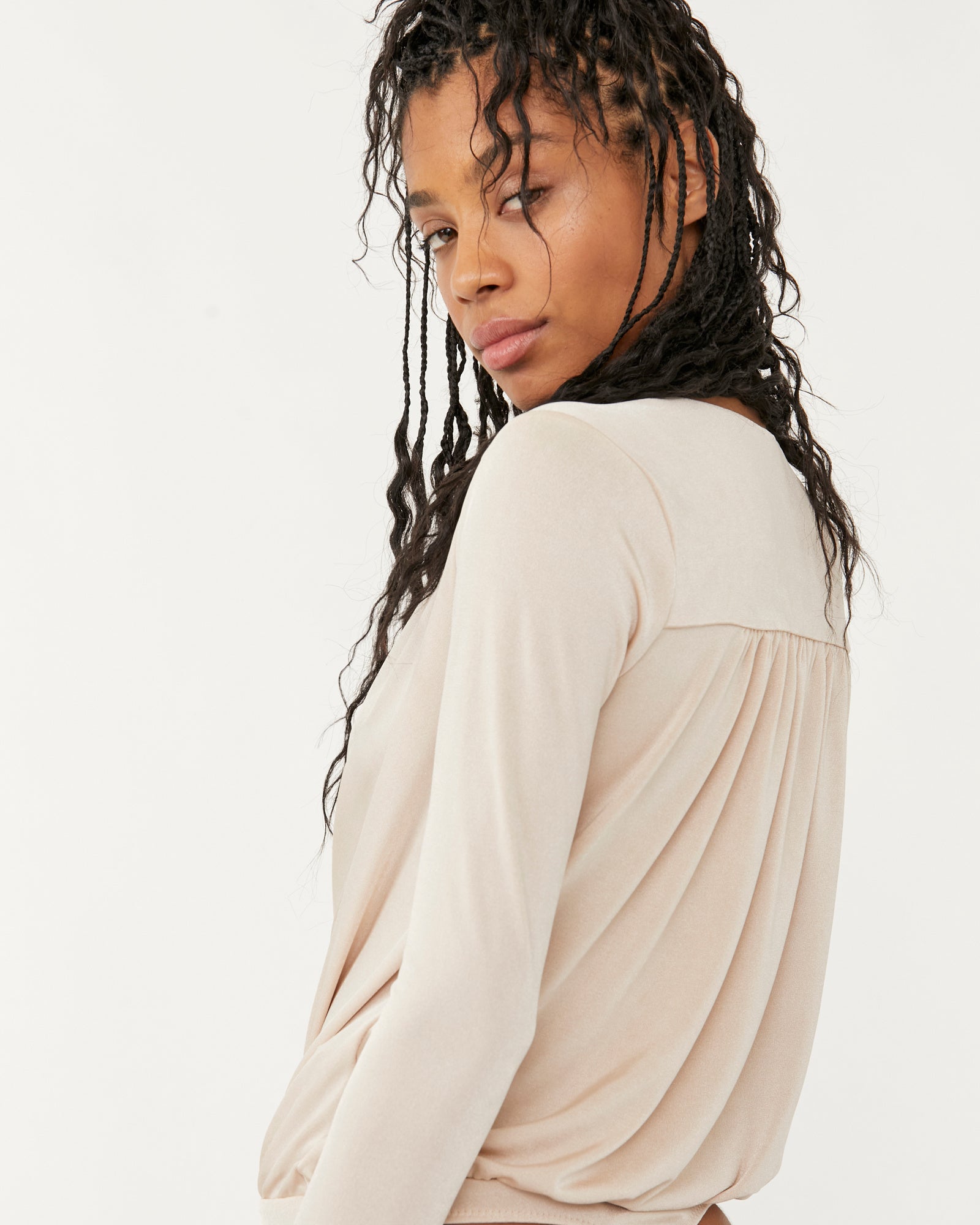 Free People Turnt Bodysuit – A form-fitting bodysuit with a high neckline, sleeveless design, and smooth fabric, Ocean Pearl