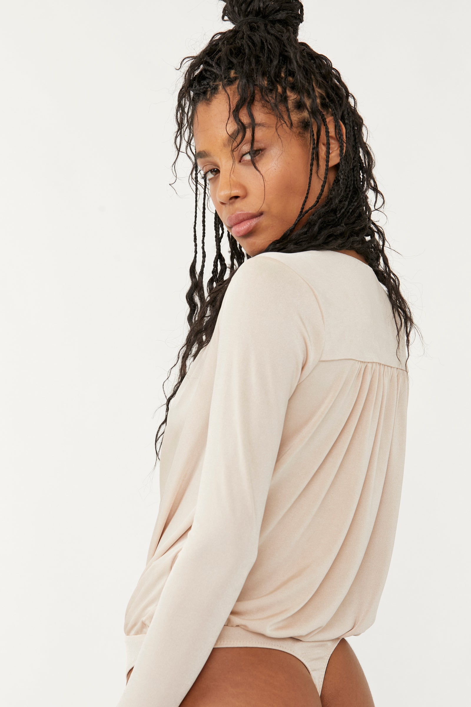 Free People Turnt Bodysuit – A form-fitting bodysuit with a high neckline, sleeveless design, and smooth fabric, Ocean Pearl