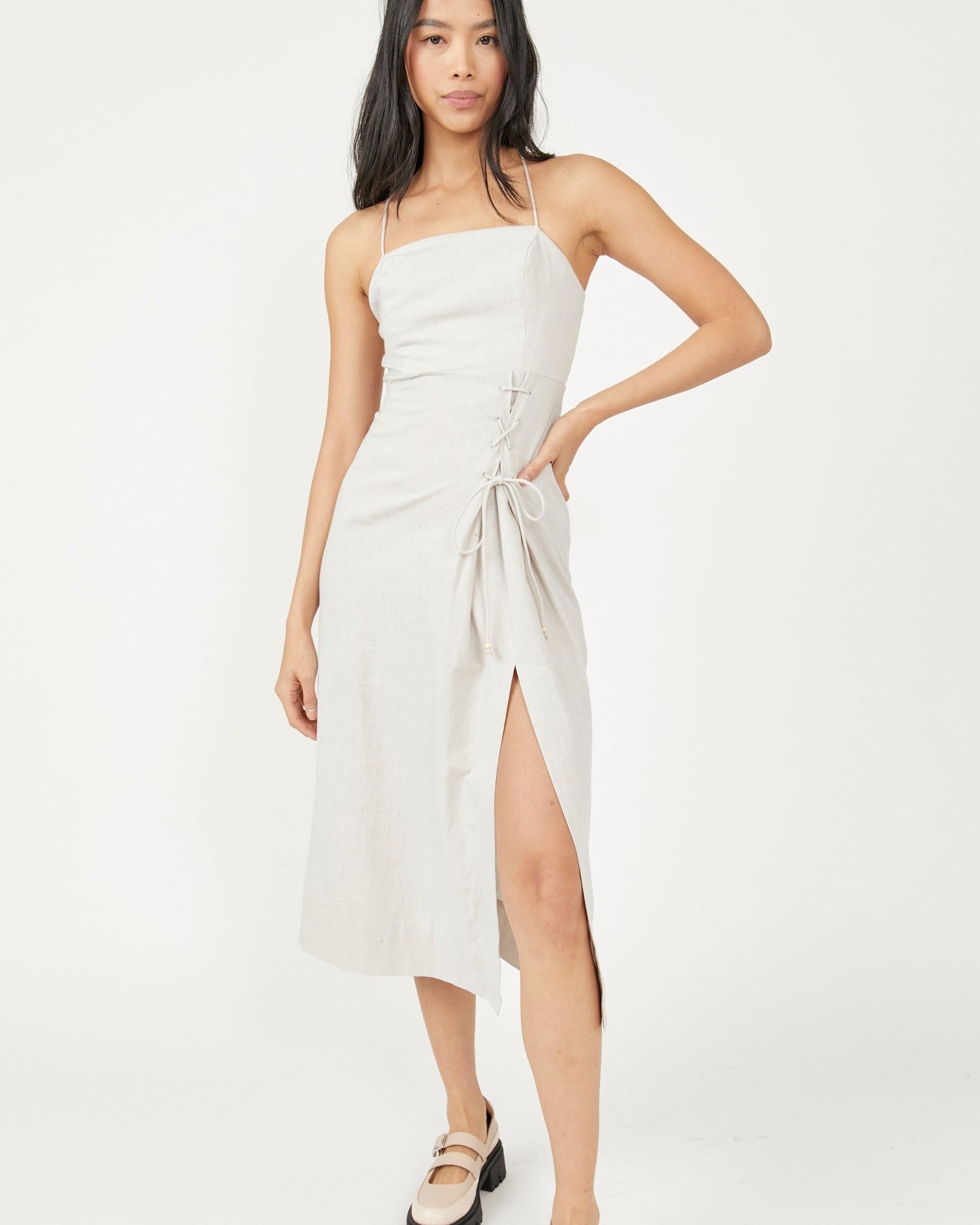 Free People Francesca Midi Dress – A midi dress with an open tie-back design, back button-up detailing, and seamed detailing throughout, Ocean Pearl
