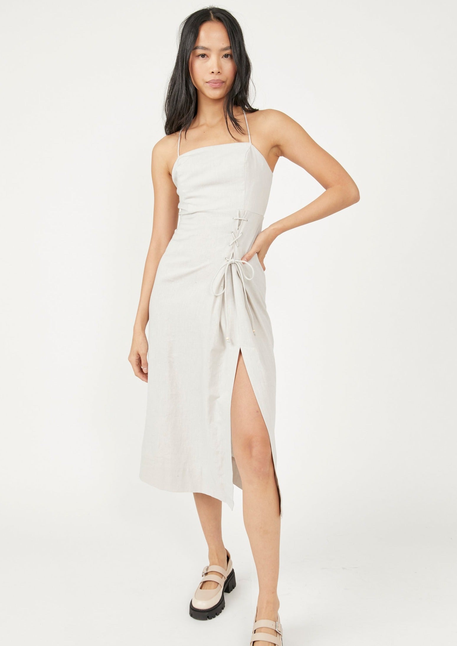 Free People Francesca Midi Dress – A midi dress with an open tie-back design, back button-up detailing, and seamed detailing throughout, Ocean Pearl