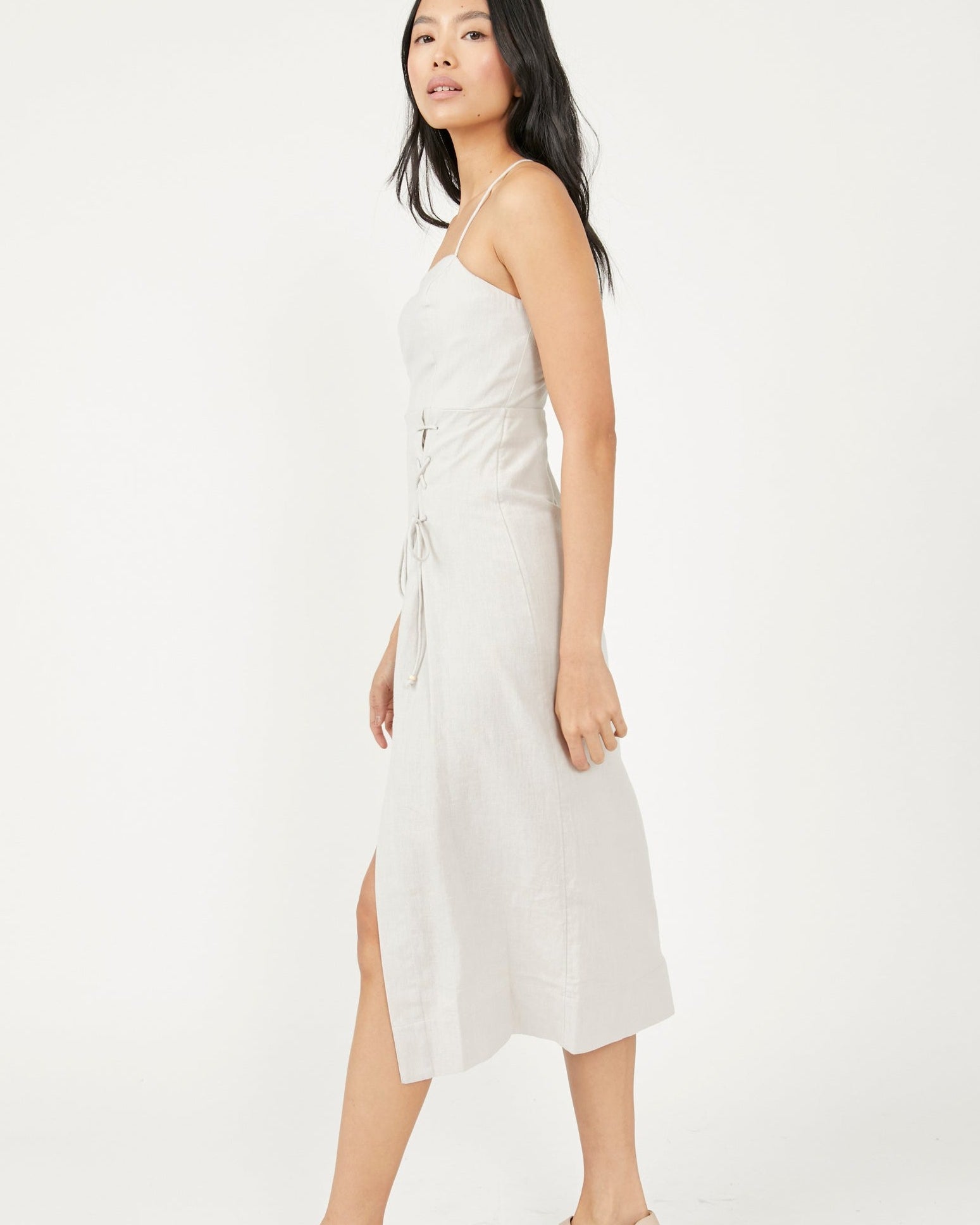 Free People Francesca Midi Dress – A midi dress with an open tie-back design, back button-up detailing, and seamed detailing throughout, Ocean Pearl