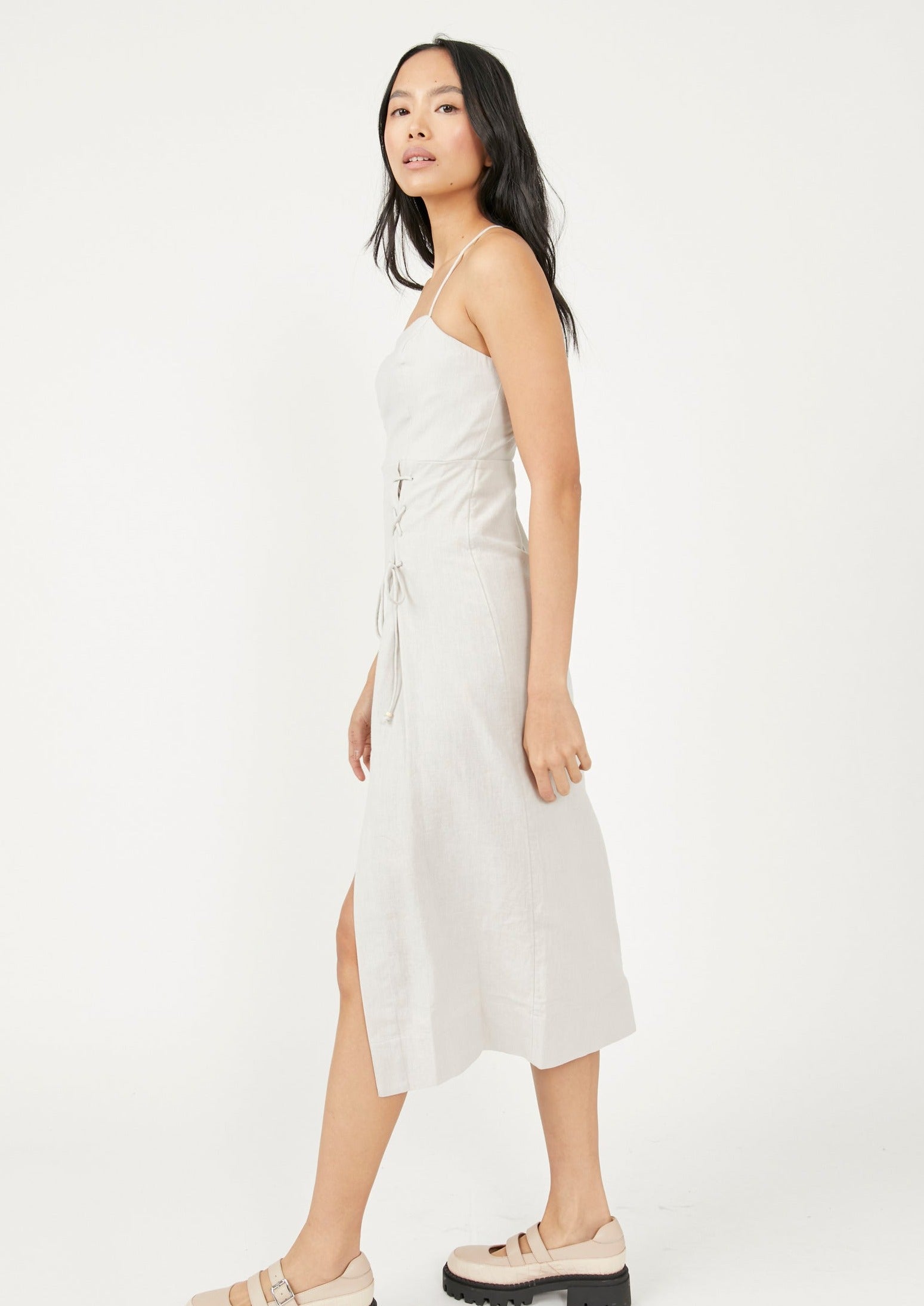 Free People Francesca Midi Dress – A midi dress with an open tie-back design, back button-up detailing, and seamed detailing throughout, Ocean Pearl