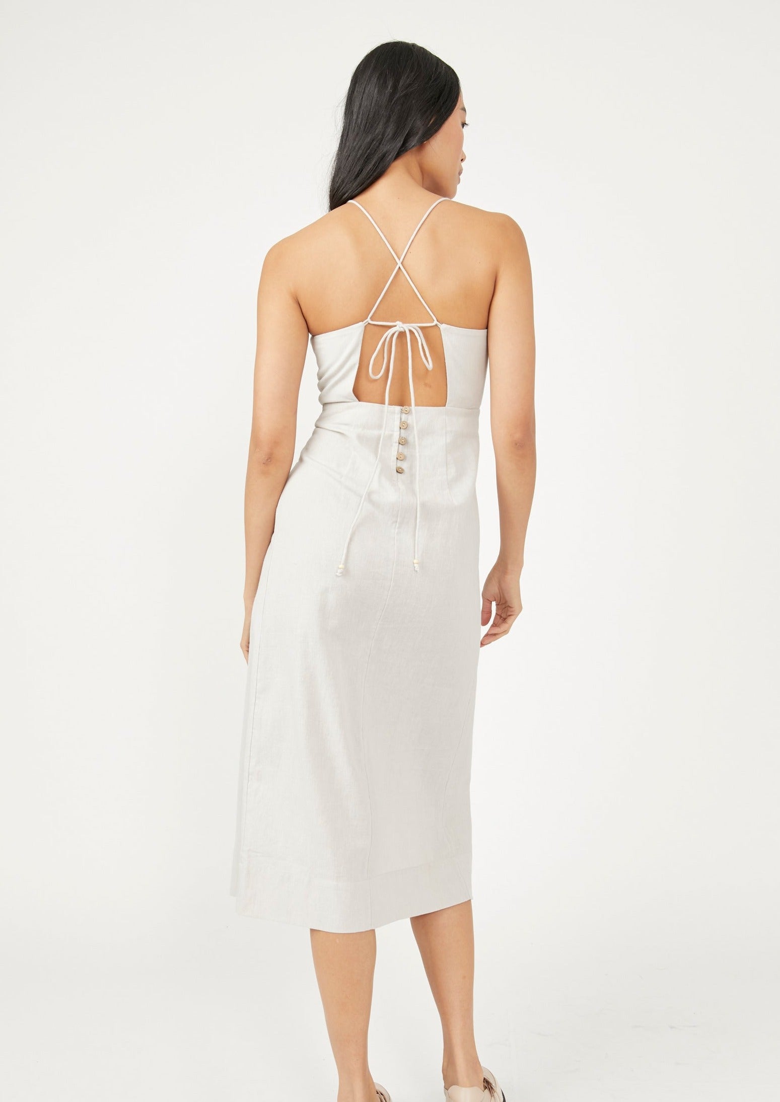 Free People Francesca Midi Dress – A midi dress with an open tie-back design, back button-up detailing, and seamed detailing throughout, Ocean Pearl
