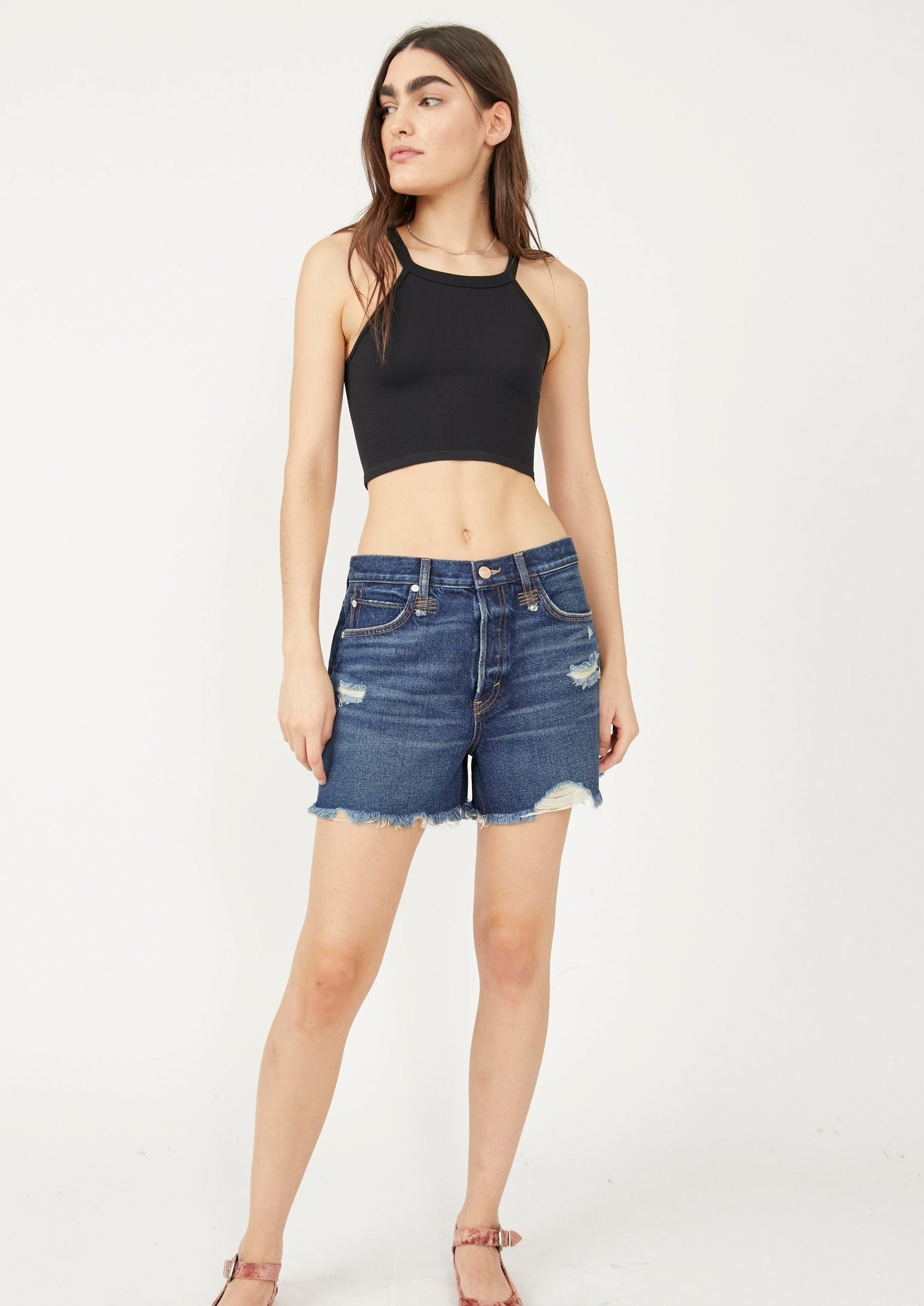 Free People Makai Cutoff Shorts – High-waisted denim shorts with a frayed hem, offering a relaxed fit and a vintage-inspired style for a casual, laid-back look, Deep Sea